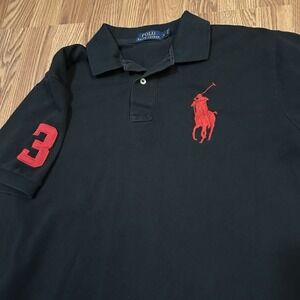 Polo Ralph Lauren Big Pony Polo Shirt Men's Sz. L Black Cotton Cuffed Knit Rugby